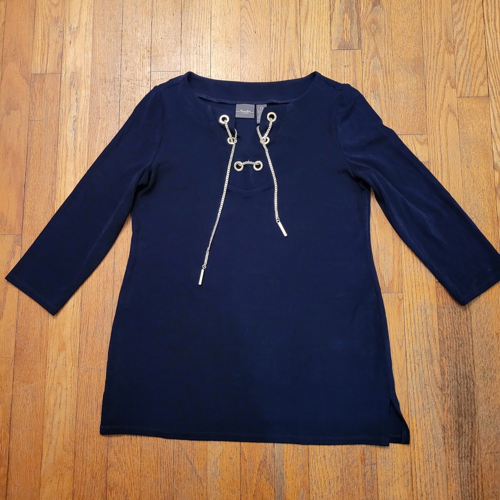 Chicos Travelers 0 Blouse Navy Blue Lace Up Grommet US 4 S Liquid Knit Stretch